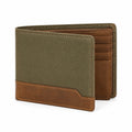 Portefeuille pliant 12 x 9 x 2 cm en tissu vert olive et aspect cuir marron avec rangements pour cartes