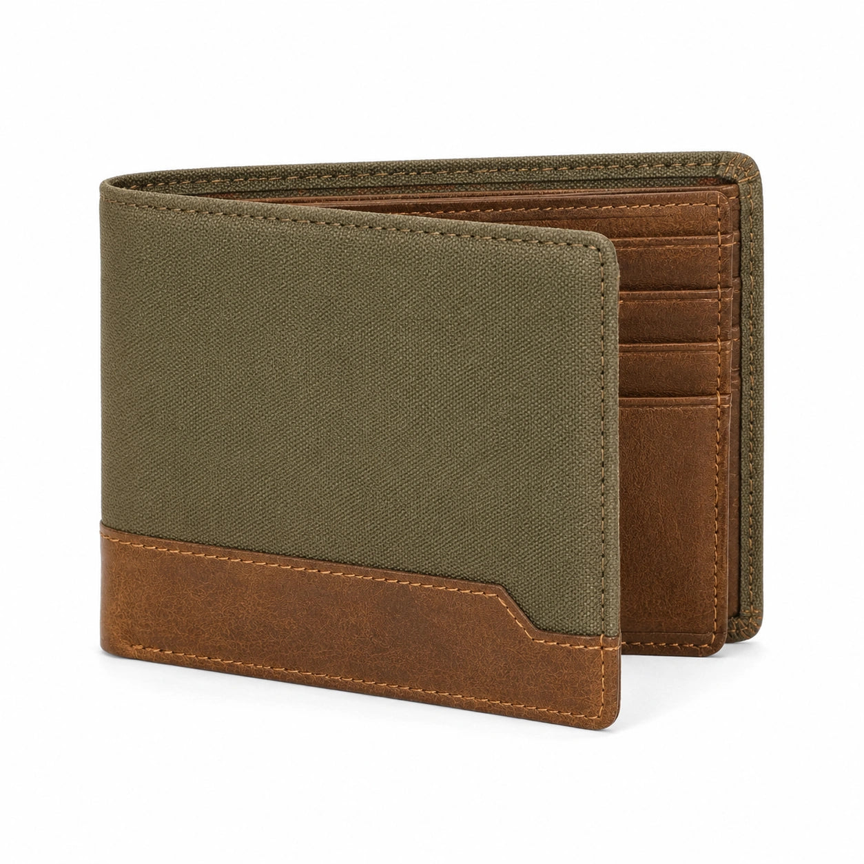 Portefeuille pliant 12 x 9 x 2 cm en tissu vert olive et aspect cuir marron avec rangements pour cartes