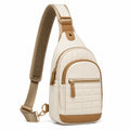 Sac à bandoulière 18 x 8 x 30 cm en matière synthétique blanc et camel matelassé avec poches zippées