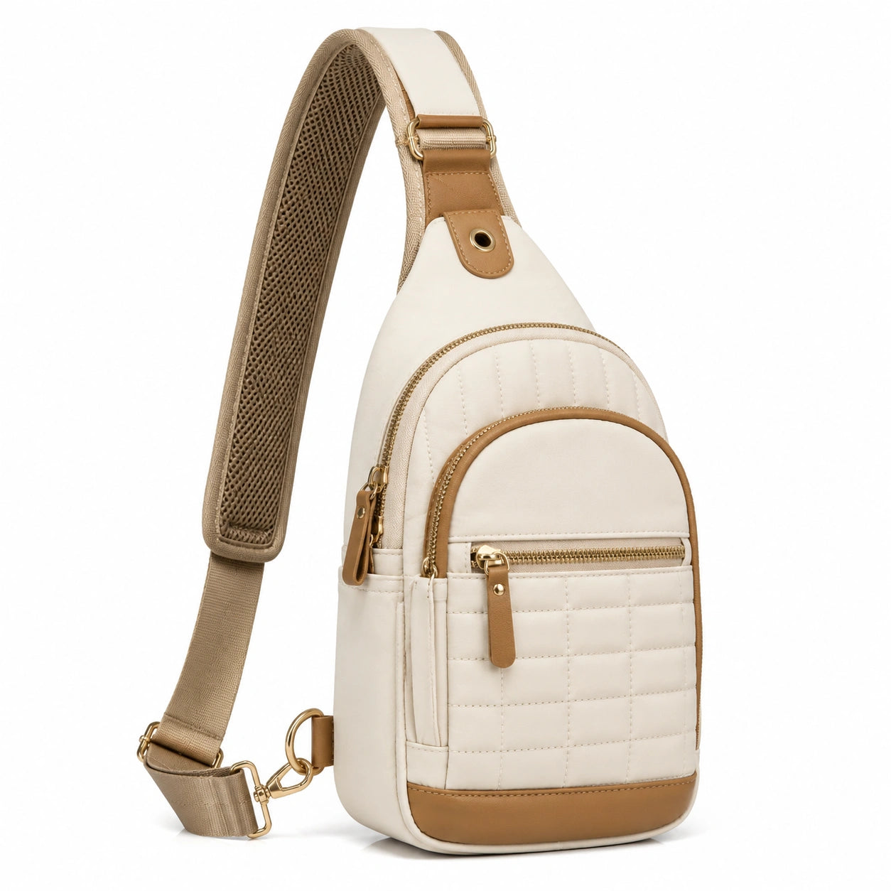 Sac à bandoulière 18 x 8 x 30 cm en matière synthétique blanc et camel matelassé avec poches zippées