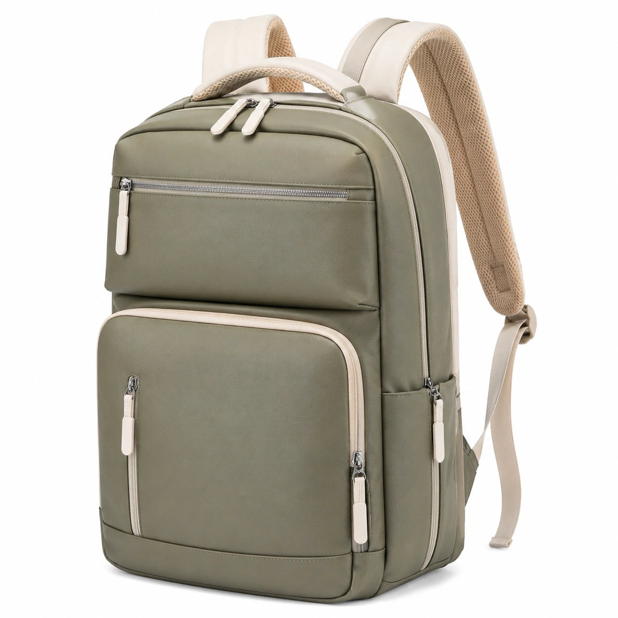 Sac à dos 30×18×42 cm textile vert kaki et beige à compartiments multiples