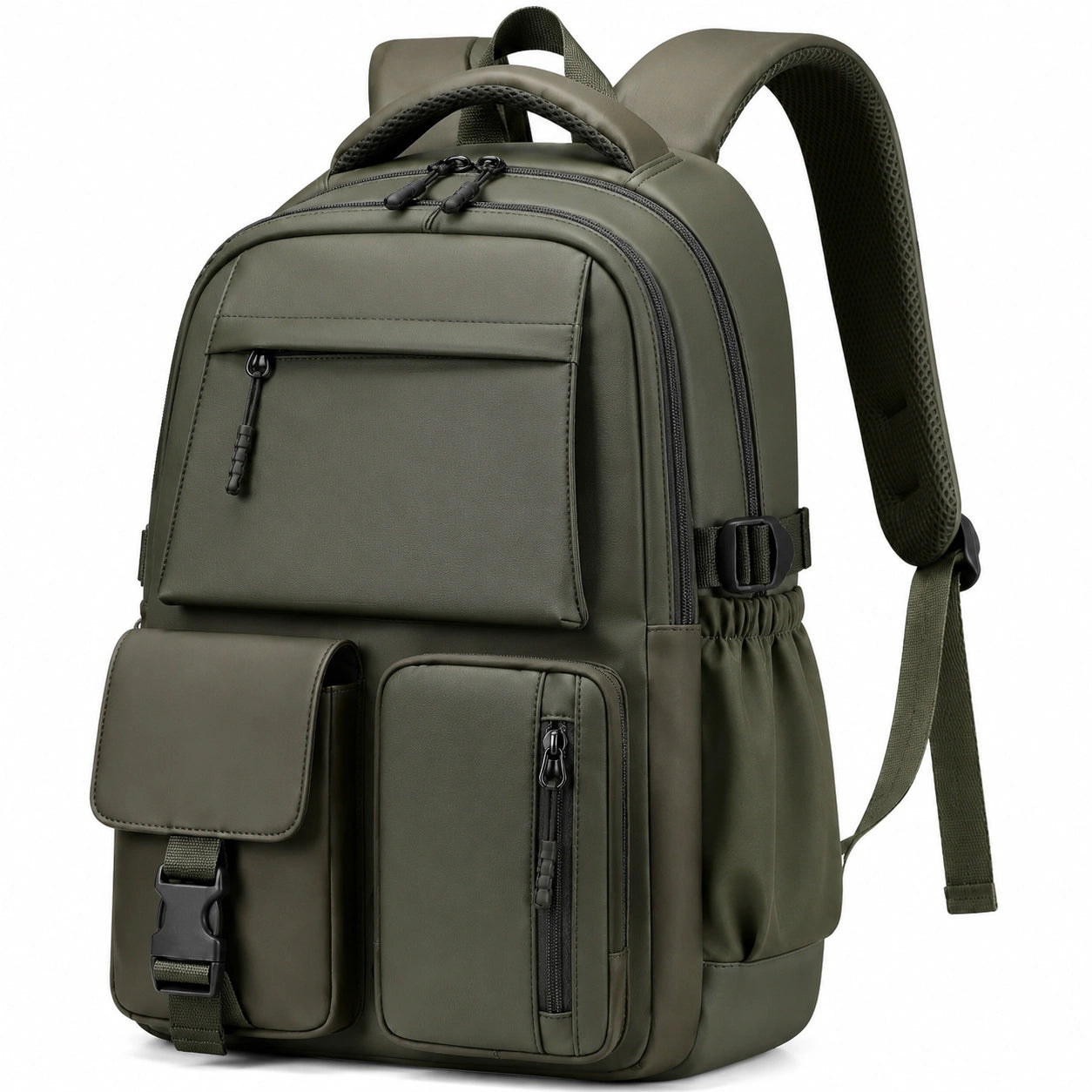 Sac à dos 32 x 16 x 45 cm en polyester vert kaki multi-poches urbain