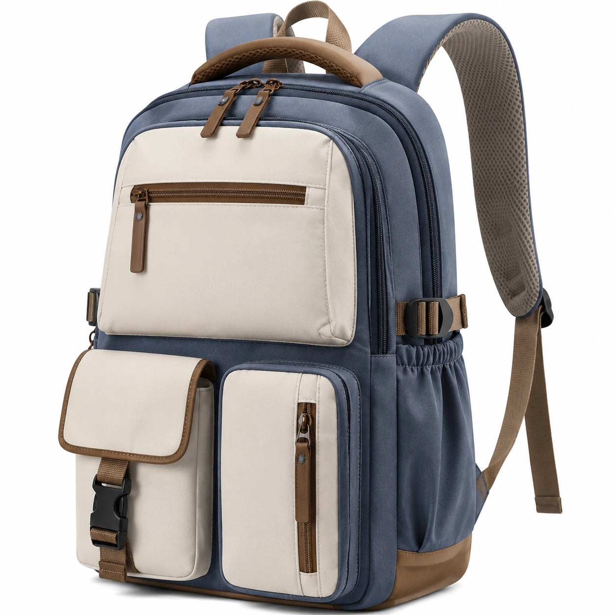 Sac à dos 30 x 18 x 42 cm en textile bleu marine beige à compartiments multiples
