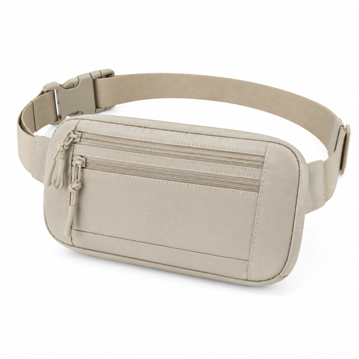 Sac banane 28 x 6 x 15 cm en tissu beige à sangle réglable et poches zippées