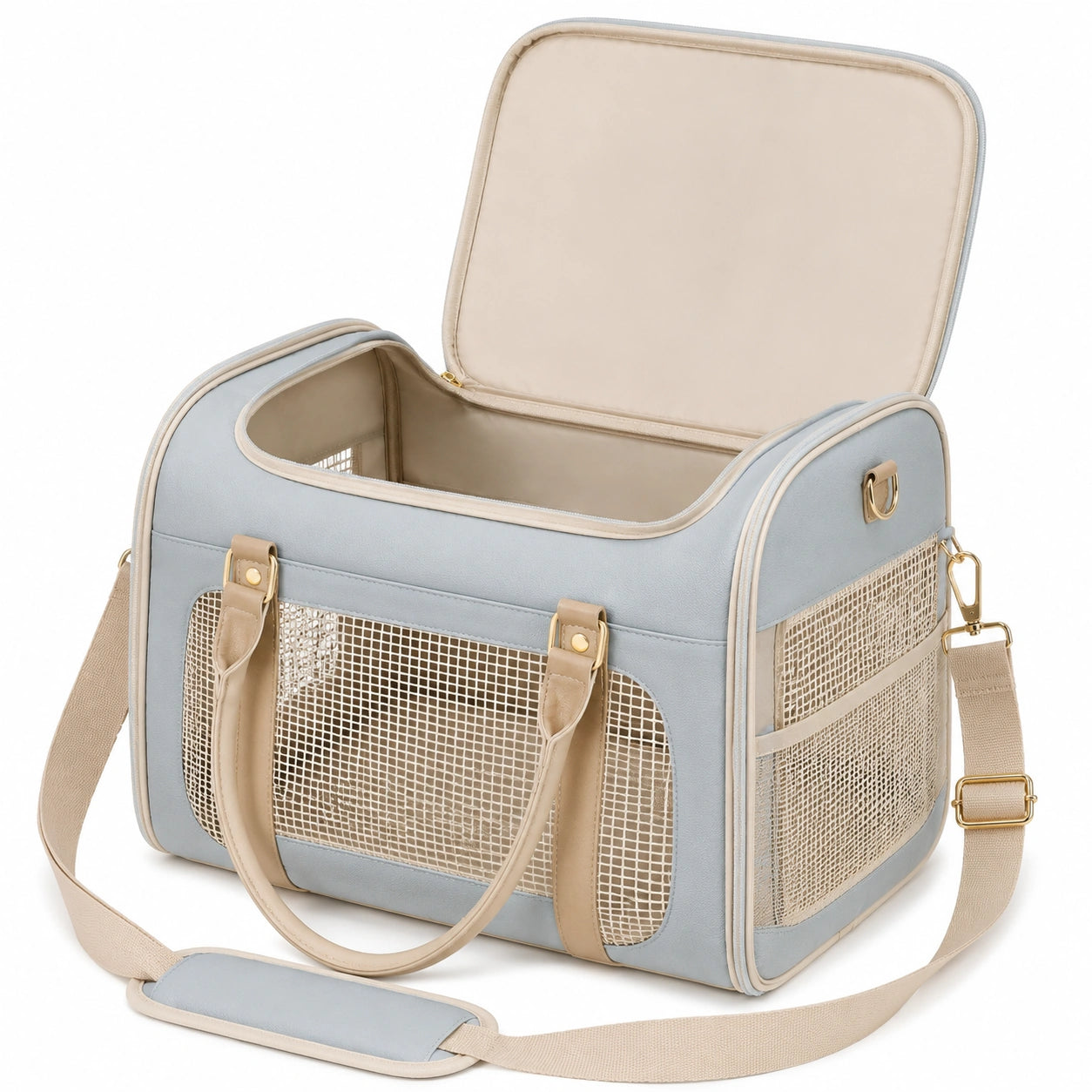 Sac de transport pour animal 43 x 25 x 30 cm bleu clair et beige en matière synthétique avec panneaux en maille