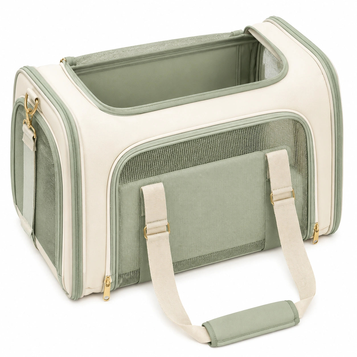 Sac de transport pour animal 45 × 28 × 28 cm en polyester vert sauge et crème avec panneaux respirants