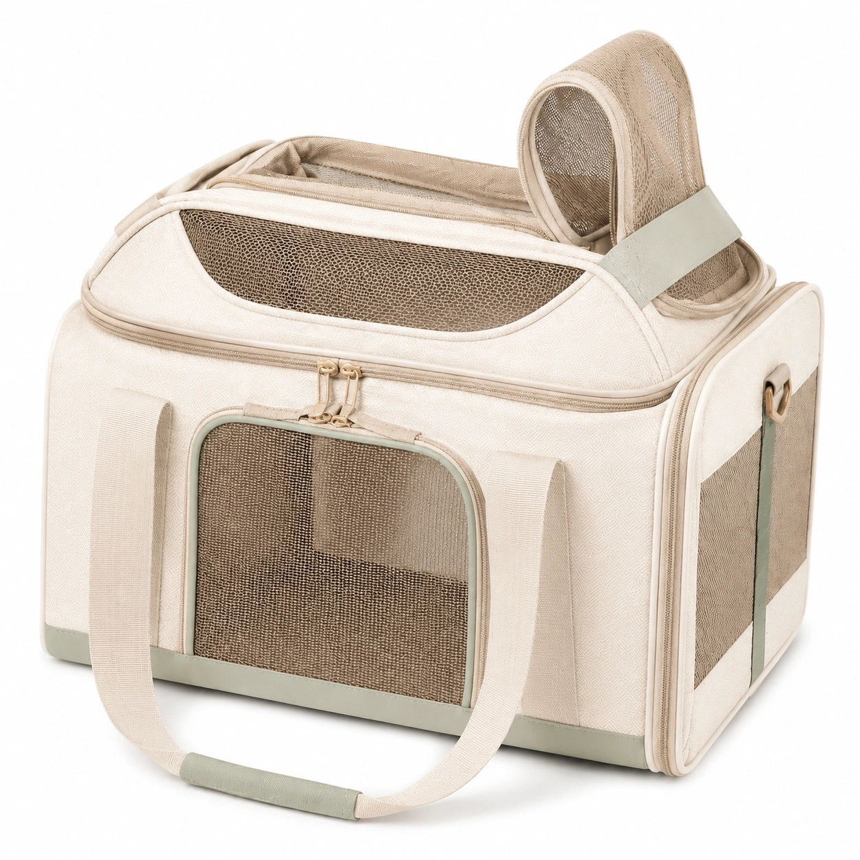 Sac de transport pour animaux 45 × 28 × 30 cm en textile crème beige et vert sauge avec panneaux en maille pliable