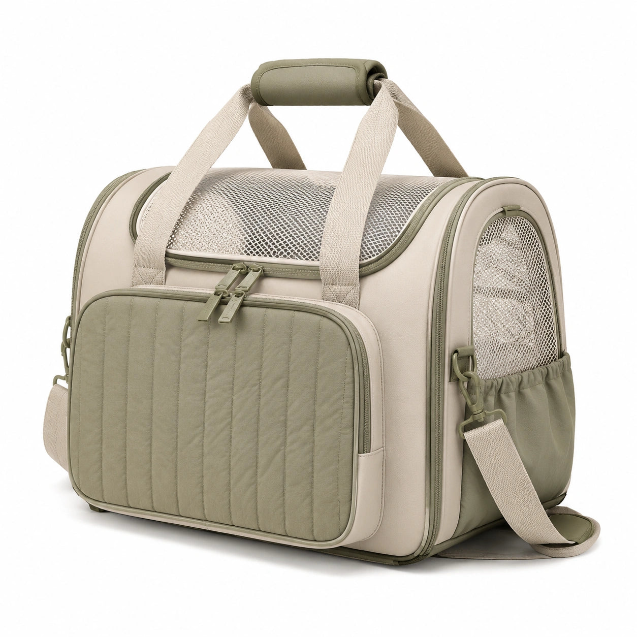 Sac de transport pour animal 45 x 28 x 30 cm textile beige kaki avec maille style matelassé