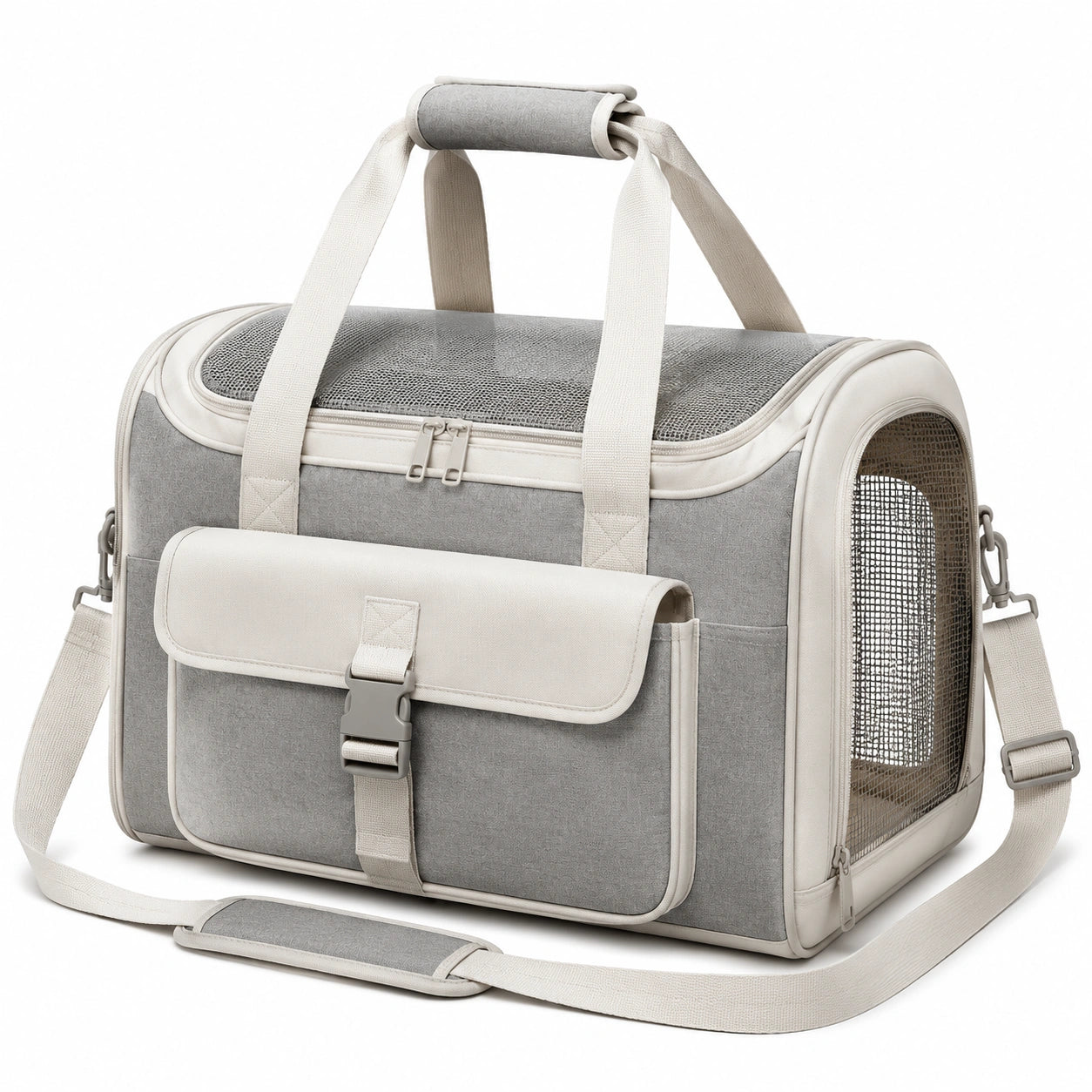 Sac de transport pour animal 45 × 30 × 30 cm gris et beige en textile respirant avec bandoulière