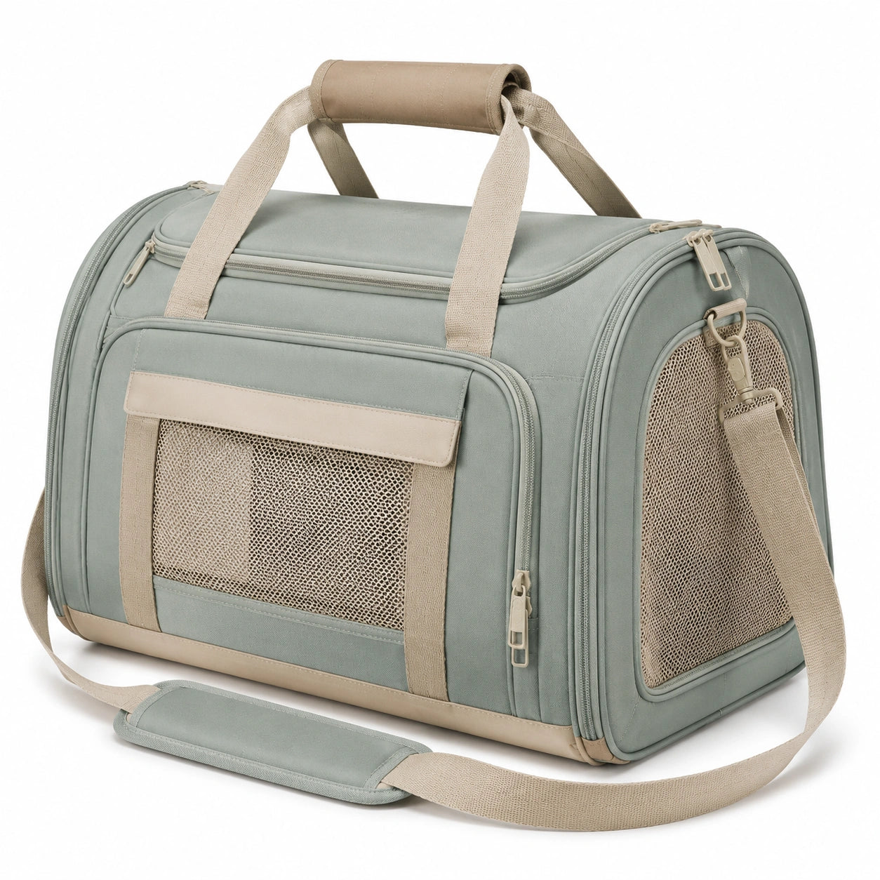 Sac de transport pour animaux 45 × 28 × 28 cm en textile vert sauge avec maille respirante