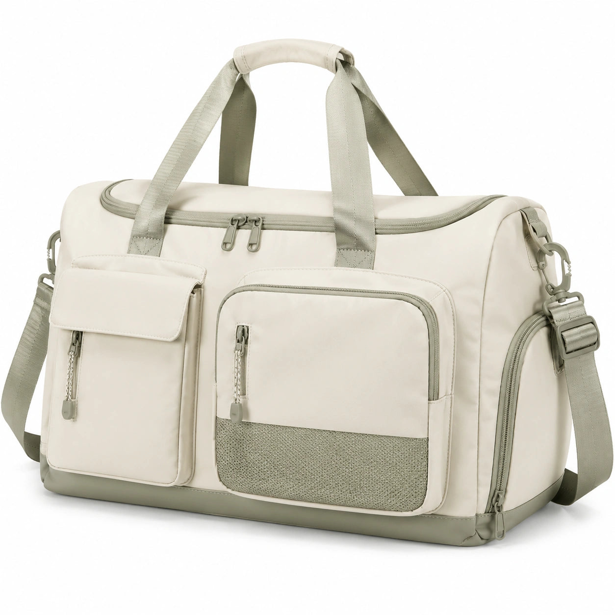 Sac de voyage 45 x 25 x 28 cm en textile beige et vert kaki à multiples poches