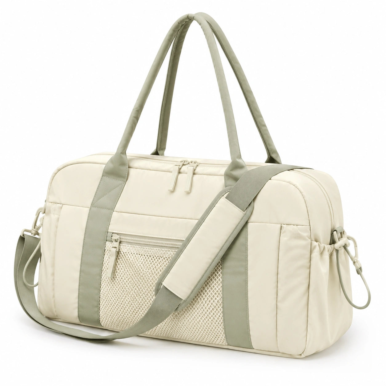 Sac de sport 45 x 23 x 28 cm en tissu synthétique beige vert avec bandoulière amovible