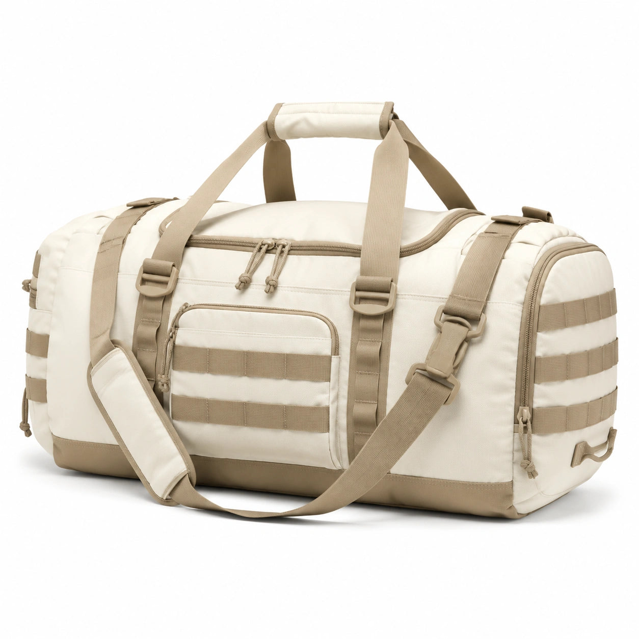 Sac de voyage 55 x 28 x 30 cm en tissu synthétique beige avec bandoulière réglable style utilitaire