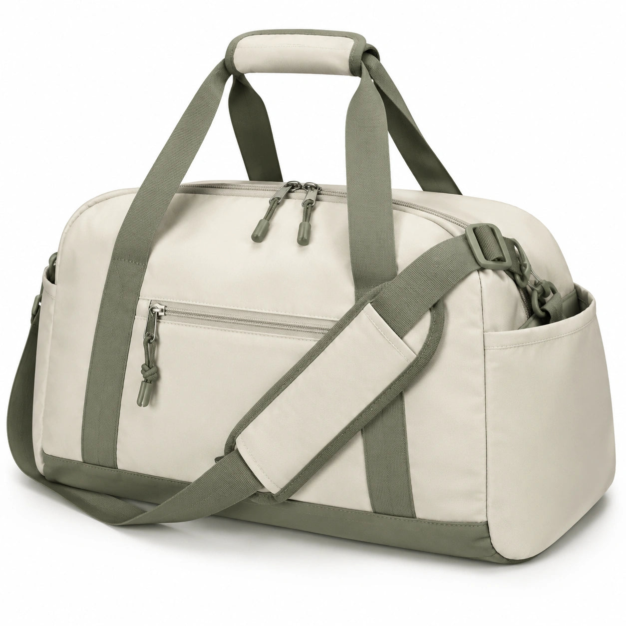 Sac de voyage 48 × 25 × 28 cm en textile beige et vert kaki avec bandoulière réglable