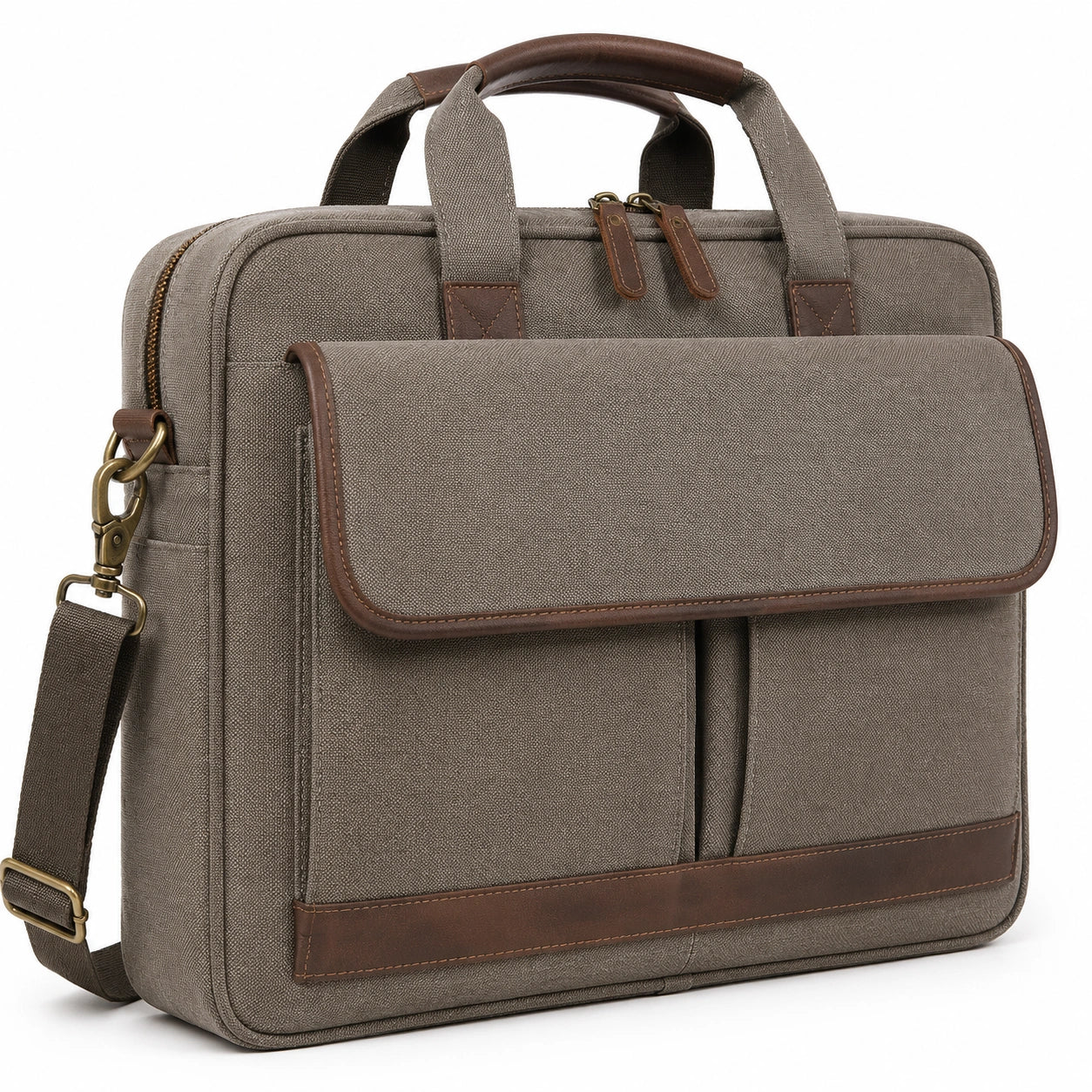 Sacoche ordinateur 40 × 10 × 30 cm en toile taupe et marron avec bandoulière amovible