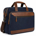 Sacoche pour ordinateur 42 x 10 x 32 cm en textile bleu marine et similicuir marron avec bandoulière
