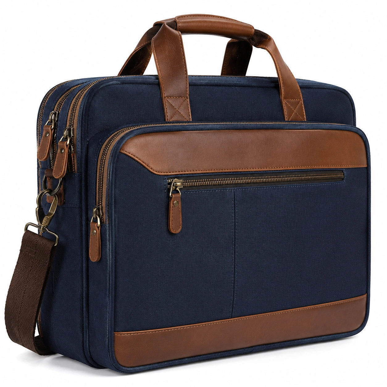Sacoche pour ordinateur 42 x 10 x 32 cm en textile bleu marine et similicuir marron avec bandoulière